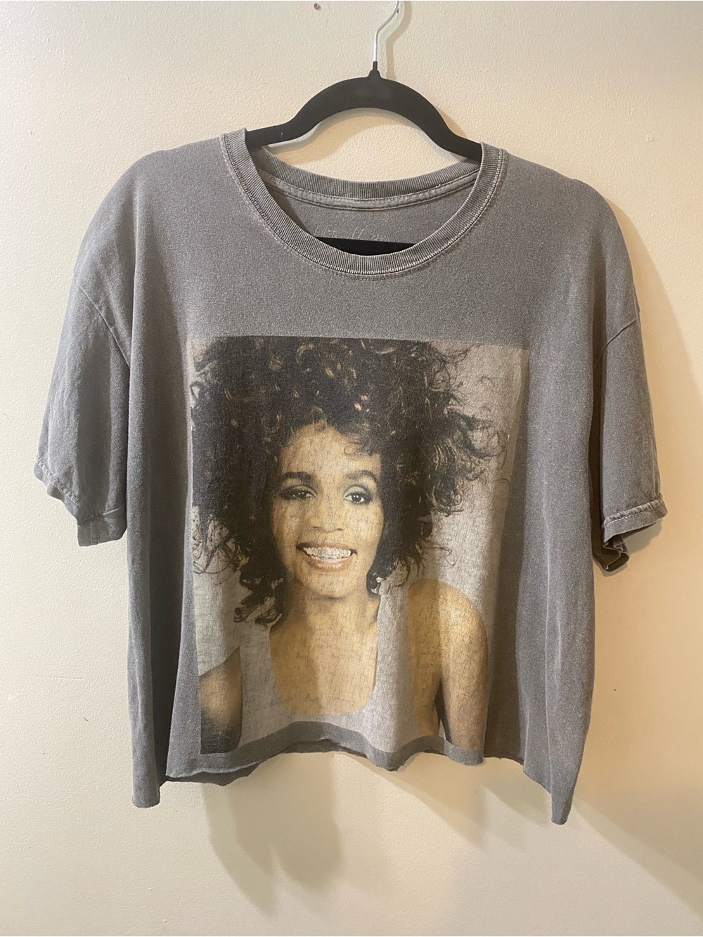 Whitney Houston Grey Graphic Crop Tee with Portrait Print